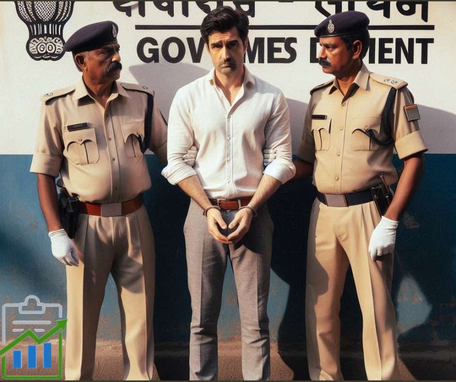 "A man in a white shirt and grey trousers is standing in handcuffs between two Indian police officers in uniform. The background shows a wall with government department signage in Hindi and English. The mood appears serious, indicating an official arrest scenario."