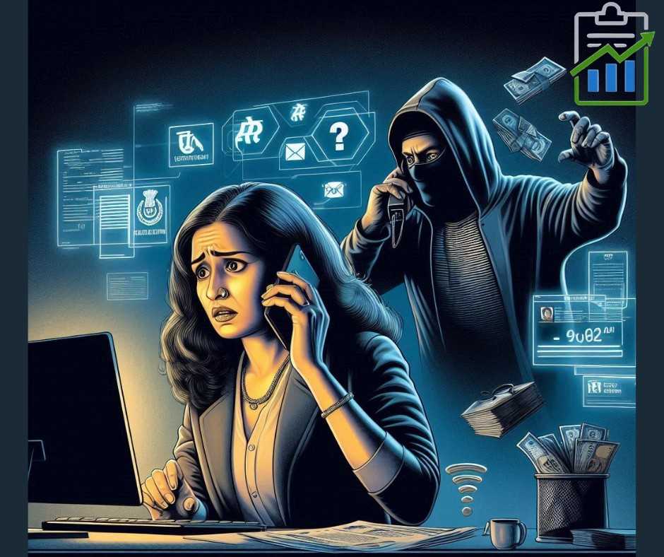 "A worried Indian woman professor talks on the phone while working on a laptop, surrounded by digital symbols, currency icons, and fake Income Tax Department elements. Behind her, a masked scammer secretly communicates on the phone, symbolizing a cybercrime scam. The setting reflects a dramatic digital fraud involving identity theft and financial loss. IndTax Filings logo appears at the top right."