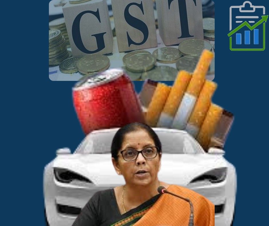 Indian Finance Minister speaking at a podium, with a white luxury car, soda can, and cigarette pack in the background, symbolizing possible GST hike on sin goods and luxury items. The word "GST" appears above with coins, representing tax reforms and cess revamp discussions.
