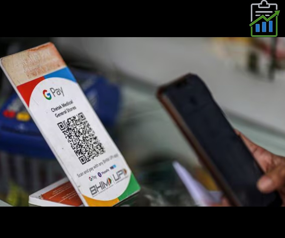 A customer is seen scanning a QR code using a mobile phone for UPI payment via Google Pay at a local medical store. The QR code display board also shows compatibility with BHIM UPI, PhonePe, and Paytm. The image reflects digital payment adoption in India amid recent updates to UPI rules effective from 1 August.